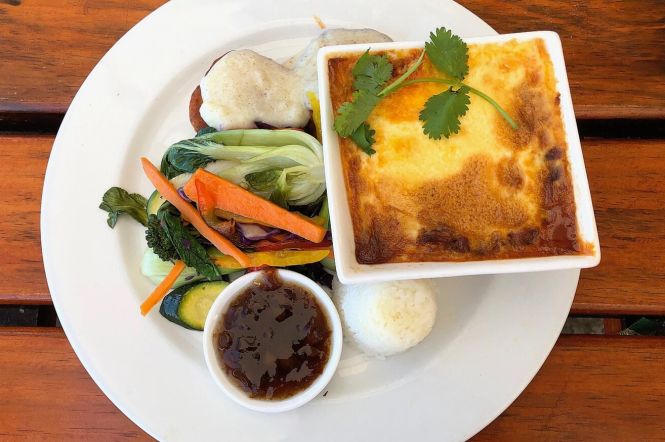 Bobotie, South African dish. Photo by Olga Ernst, cropped from original. License: CC BY-SA 4.0
