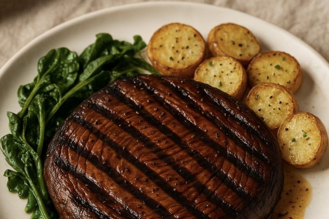 Bistec de portobello que hasta los carn&iacute;voros respetan. Imagen generada por IA (DALL&middot;E)